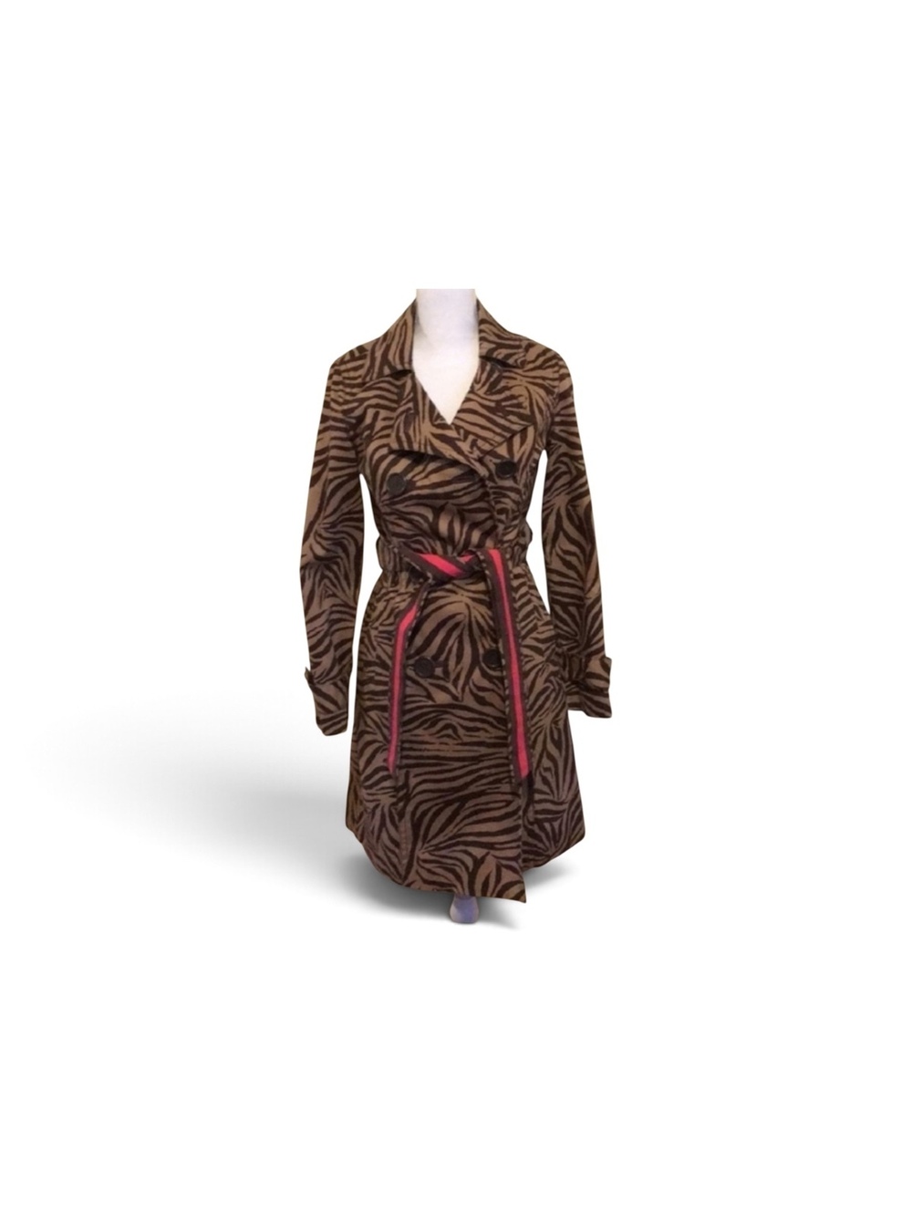 Women's Zebra Print Trench Coat with Pink Belt Accent - Picture 9 of 9